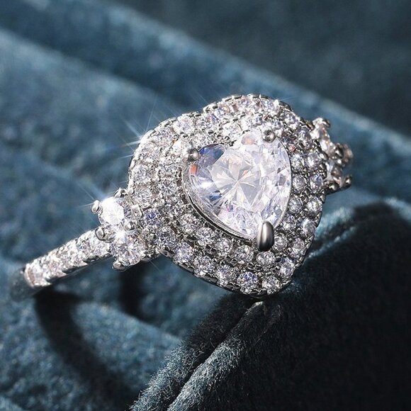 😍Diamond Heart CZ Shiny 14k White Gold Luxury Macro Pave Ring for Women, K852 - Picture 3 of 11